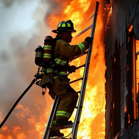 firefighter climbing a ladder to a burning building