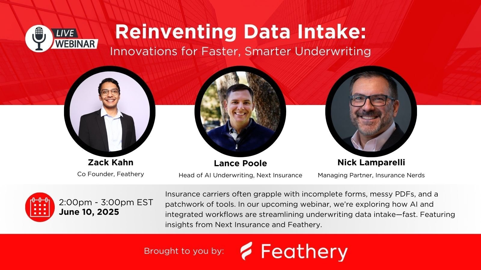 webinar promotion banner showing three insurance professionals who will be talking about underwriting data technology