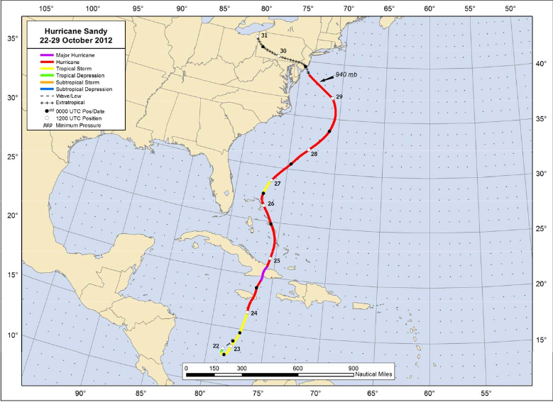 Hurricane Sandy's track, October 22-29, 2012, from the National Hurricane Center's Tropical Cyclone Report. Image: NOAA/National Hurricane Center.