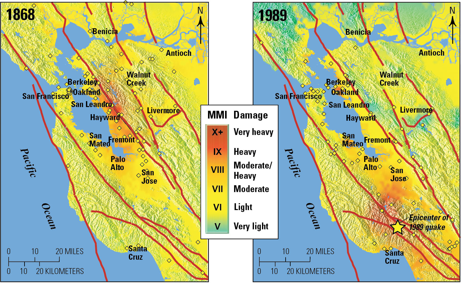 USGS shaking-intensity maps comparing the 1868 Hayward Fault earthquake (left) and the 1989 Loma Prieta earthquake (right), with the 1989 epicenter marked